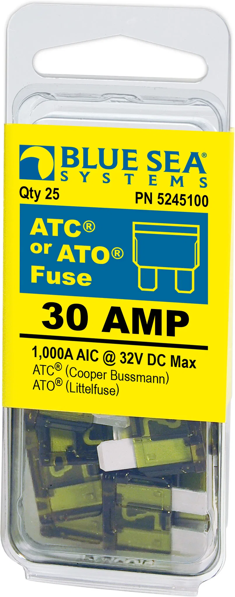5245100-BSS – BLUE SEA Fuse, Blade Fuse ATO/ ATC 30 Amps/ 32 Volts DC Pack Of 25